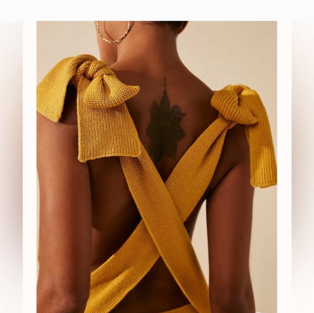 Free People Mustard Yellow Knit Bow Strap Dress